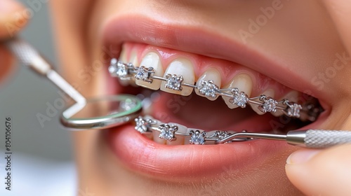 Asian woman wearing orthodontic retainer. Dental care and healthy teeth. photo