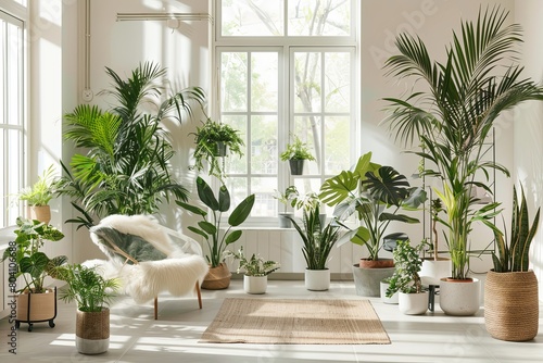 Bright  airy room filled with a diverse collection of houseplants  creating a lush indoor garden oasis