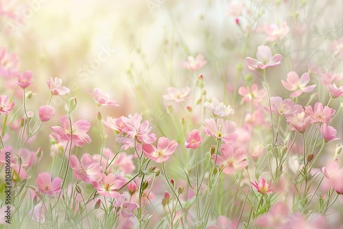 Wildflower Symphony: Delicate Pink Blossoms in Soft Pastel Meadow Light