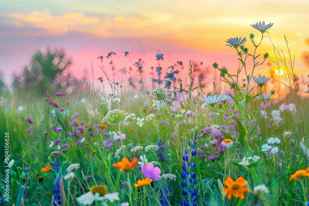 Wild Flower Meadow at Pastel Sunset - Serene and Vibrant Horizontal Landscape