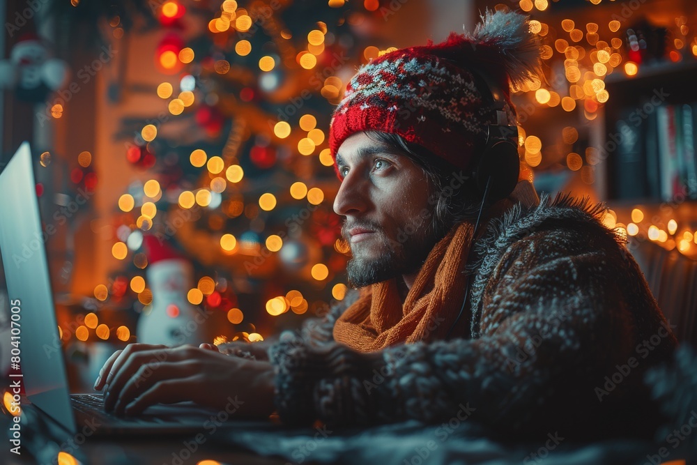 An individual is immersed in work on a laptop, surrounded by a cozy ambiance created by warm holiday lights and festive decor