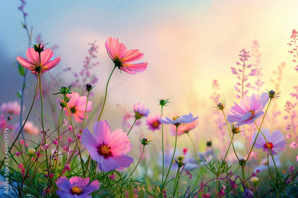 Twilight Solitude: Pink Wildflowers in Vibrant Rural Background Twilight Solitude: Pink Wildflowers in Vibrant Rural Background
