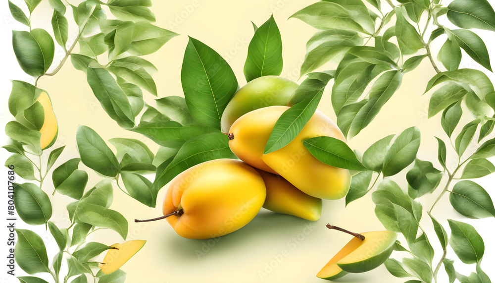 King of fruits; Alphonso yellow Mango fruit duo with stems and green leaf isolated on white background