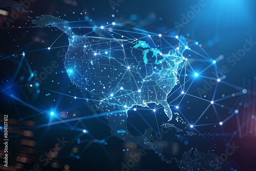 North America Connectivity: US Map Digital Network Union with Cyber Data Transfer
