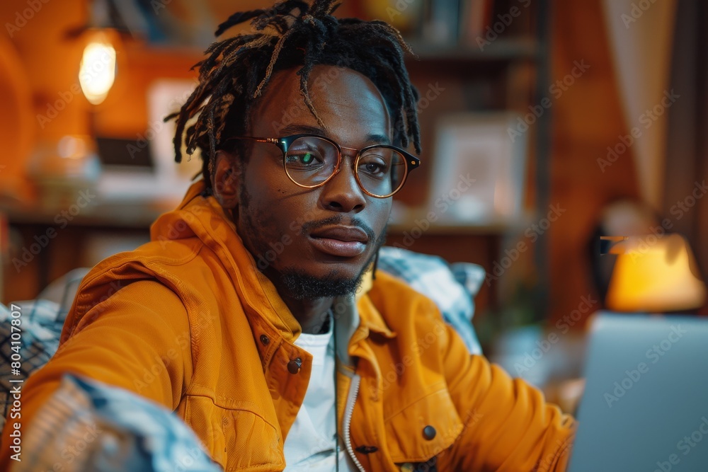 Fototapeta premium An African American man with dreadlocks concentrates while using his laptop in a cozy, book-filled room