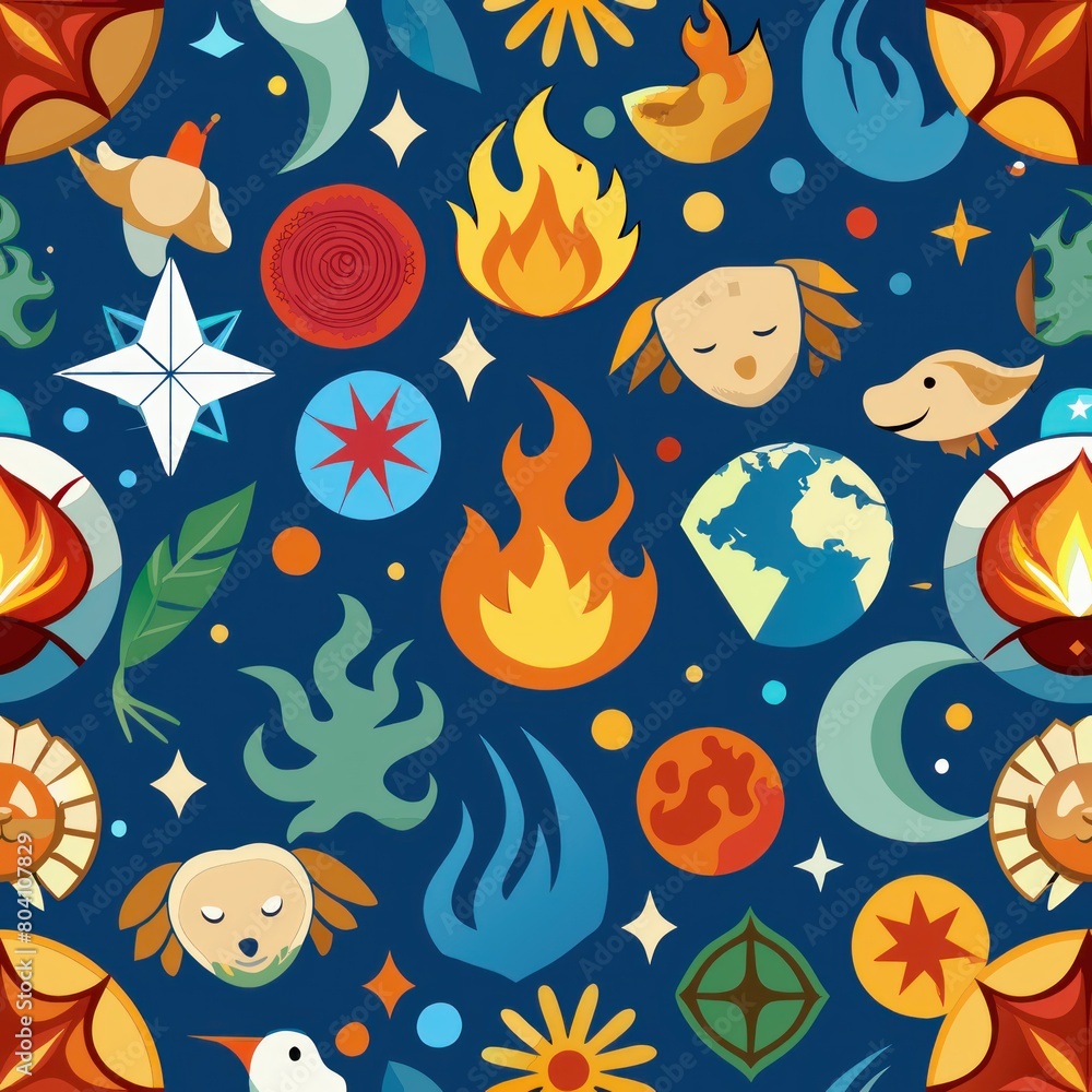Seamless pattern of zodiac elements like fire, earth, air, and water, Generative AI