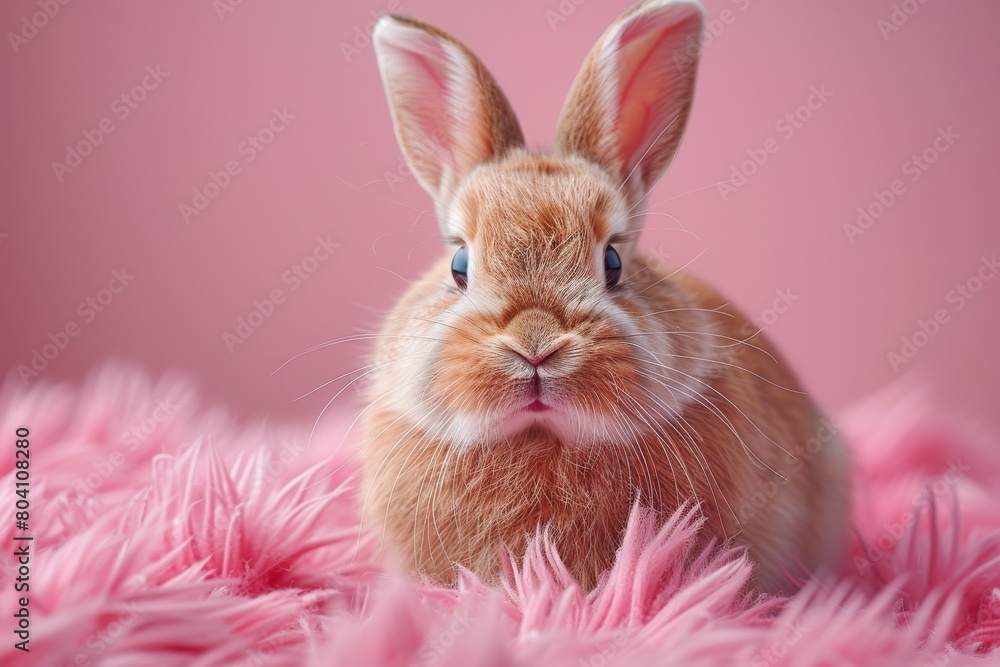 Fototapeta premium This adorable rabbit sits amidst pink feathers, offering a soft, cute, and whimsical scene