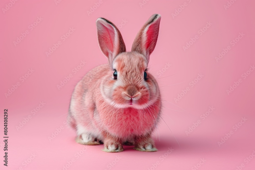 Fototapeta premium An enchanting pink rabbit perfectly blends with the smooth pink background, creating a harmonious image