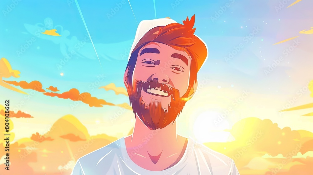 Animated cartoon illustration of happy young man with red hair, beard, and hat making a self-portrait at sunset in rural landscape.