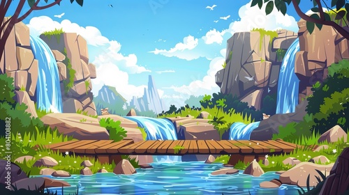 Modern cartoon illustration of summer landscape with green grass  rocks  water streams falling from stones and wood terrace in a mountain valley.