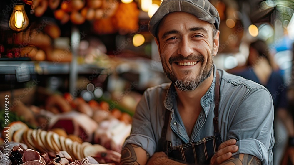 Vibrant Energy Joyful Attractive Salesman Thrives in Busy Butcher Shop, Creating Welcoming Experience for Customers
