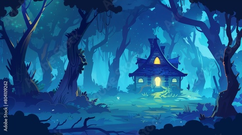 Dark forest with witch house at night. Halloween background with creepy hut in misty woods. Modern illustration of gloomy forest landscape with dead tree trunks and cottage.