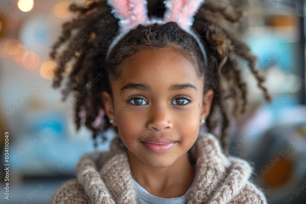 This beautiful child with big eyes and curly hair gazes softly while wearing a comfy knit sweater, embodying warmth This beautiful child with big eyes and curly hair gazes softly while wearing a comfy knit sweater, embodying warmth