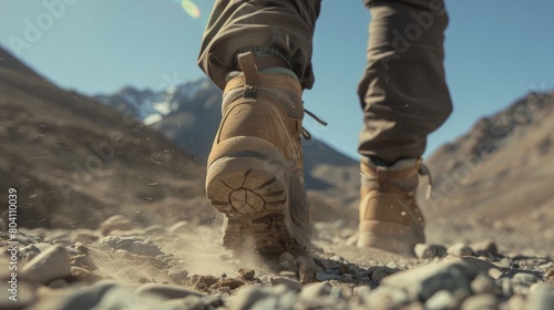 close-up of a climber's feet wearing hiking boots, his steps are steady across rocky terrain in the mountains, Ai generated Images © mohammad