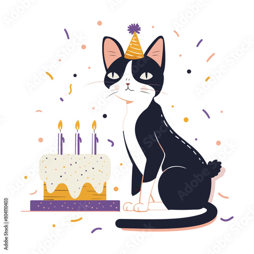 a cat sits in front of a birthday cake with a birthday hat on it.
