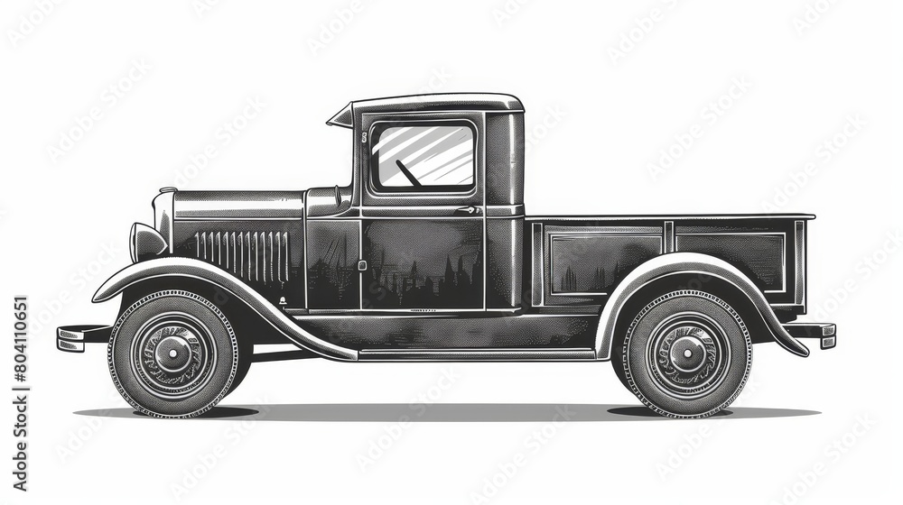 A classic farm tractor, a rustic lorry, and a farm truck. Modern woodcut illustration on a white background.