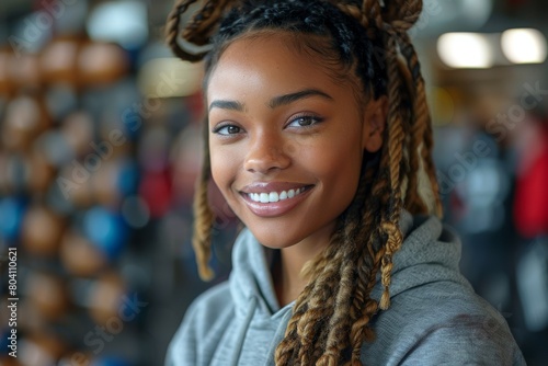 Cheerful young woman with freckles and braided hair posing in a gym setting