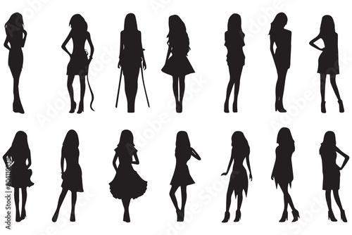 set of Black silhouette dancer girl white background