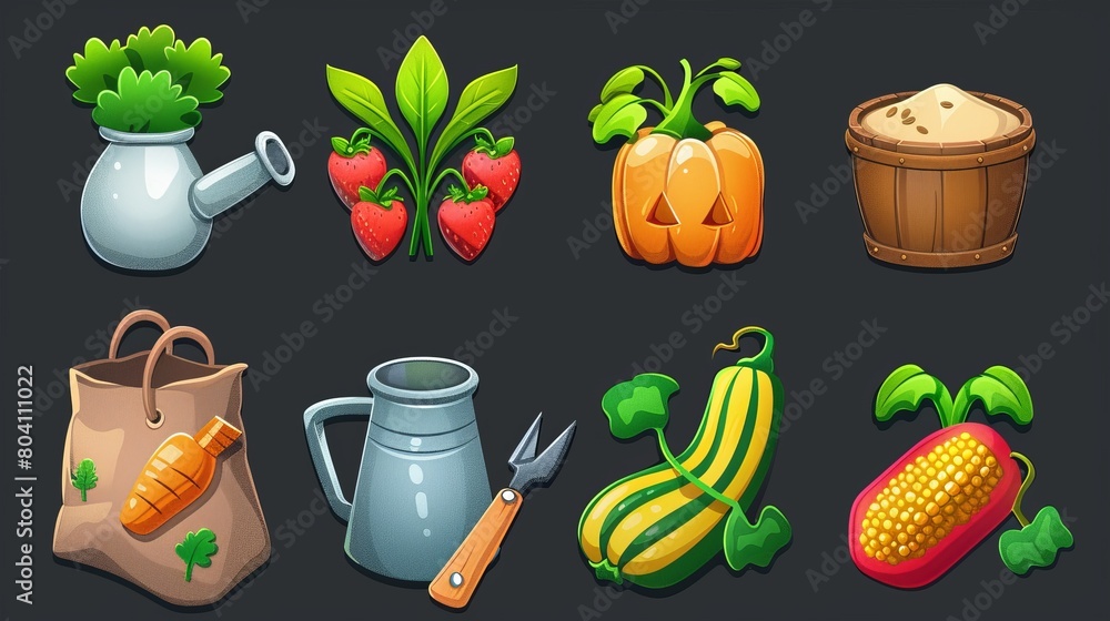 This is a set of game icons, gardening and farm cartoon elements. A milk bucket with a squash or pumpkin, spinach leaves and a watering can, a wooden box with scissors and flour, corn and This is a set of game icons, gardening and farm cartoon elements. A milk bucket with a squash or pumpkin, spinach leaves and a watering can, a wooden box with scissors and flour, corn and