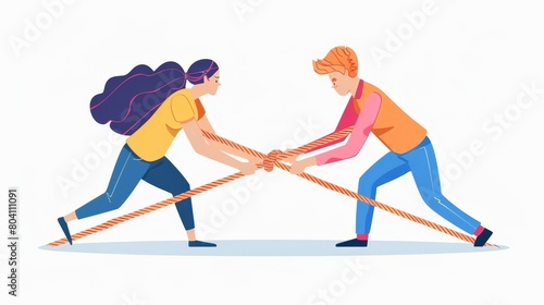 Married couple pulling rope during tug of war contest. Modern flat illustration of rivalry, conflict in family about relationships and household.