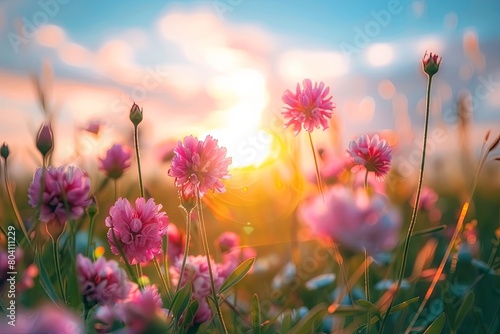 Wildflowers Sunset Splendor  Pink Blossoms Amidst Tranquil Meadow