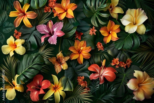 Vivid display of tropical flowers and lush foliage  featuring a rich palette of red  yellow  and pink