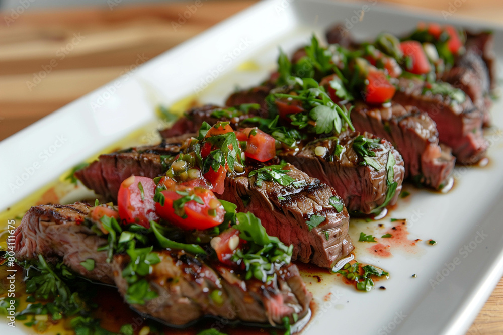 A succulent beef grill steak seared to perfection, adorned with fresh herbs and spices, presented on a minimalist white platter, food photograph. Ai generated A succulent beef grill steak seared to perfection, adorned with fresh herbs and spices, presented on a minimalist white platter, food photograph. Ai generated