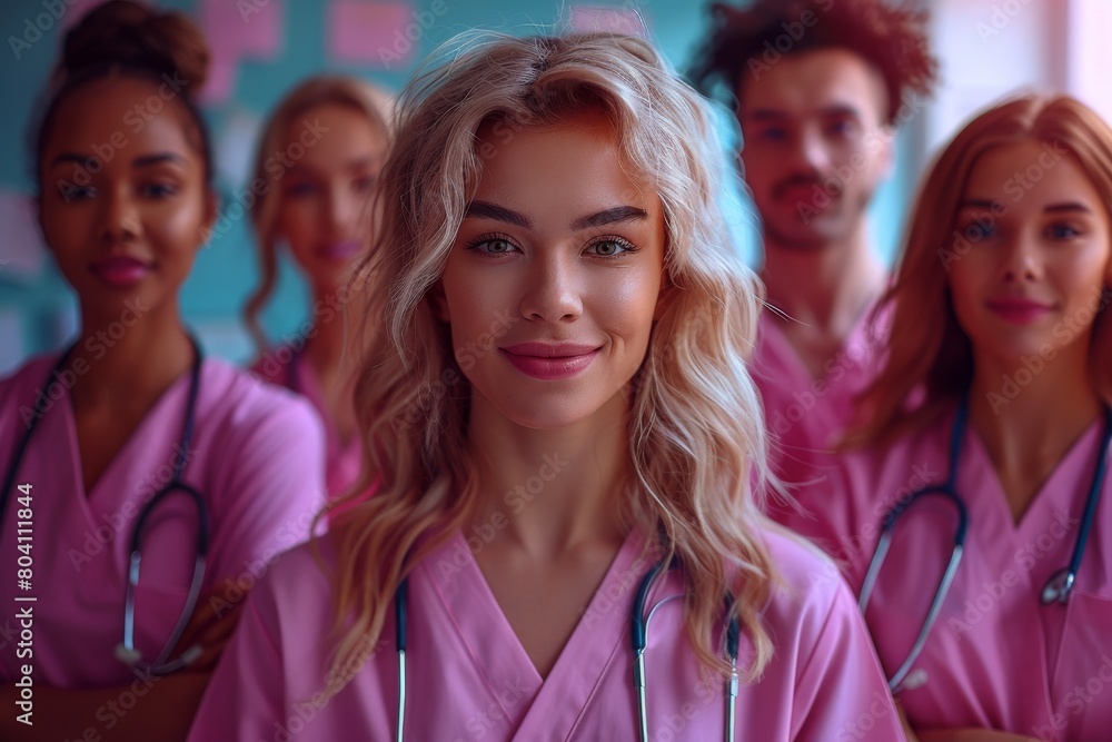 Group of diverse medical professionals in pink scrubs with a female in the foreground Group of diverse medical professionals in pink scrubs with a female in the foreground