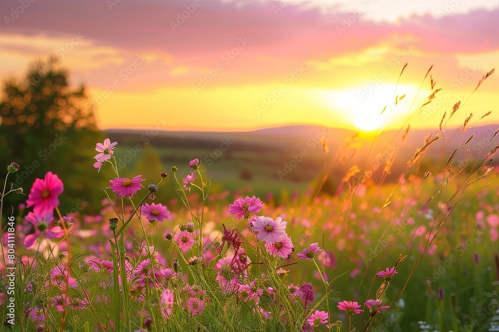 Wildflower Sunset: Tranquil Meadow with Pink Blossoms under Idyllic Summer Evening Sky