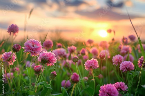 Pink Wildflowers Sunset: Tranquil Nature Meadow Background