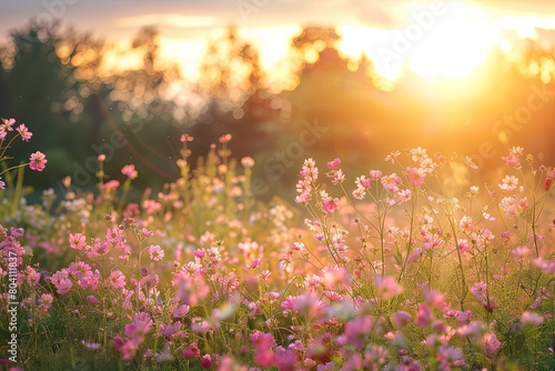 Wildflower Sunset: Tranquil Pink Blossoms, Meadow Bokeh Panorama