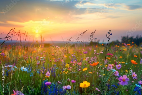 Wildflower Sunset Serenity  Vibrant Meadow Scene Photography