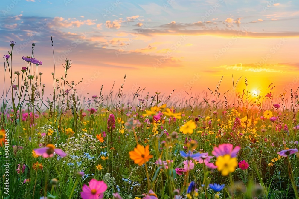 Wildflower Sunset Serenity: Vibrant Meadow Colors in Nature Scene Wildflower Sunset Serenity: Vibrant Meadow Colors in Nature Scene