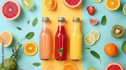 Bottles of healthy smoothie and ingredients on color