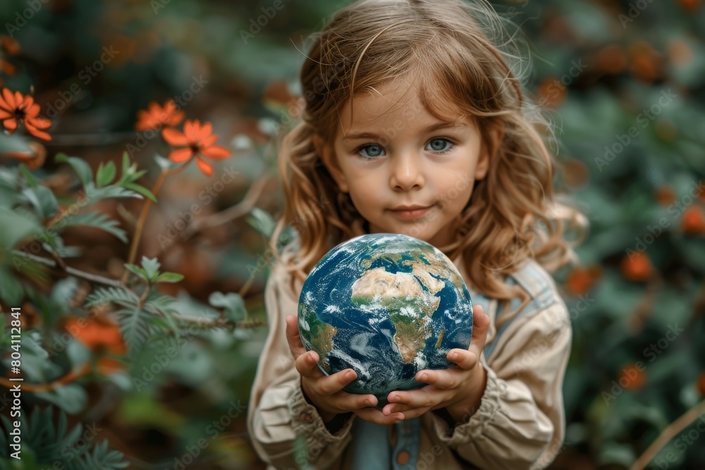 Child holding a small model of Earth with a serious expression, surrounded by orange flowers Child holding a small model of Earth with a serious expression, surrounded by orange flowers