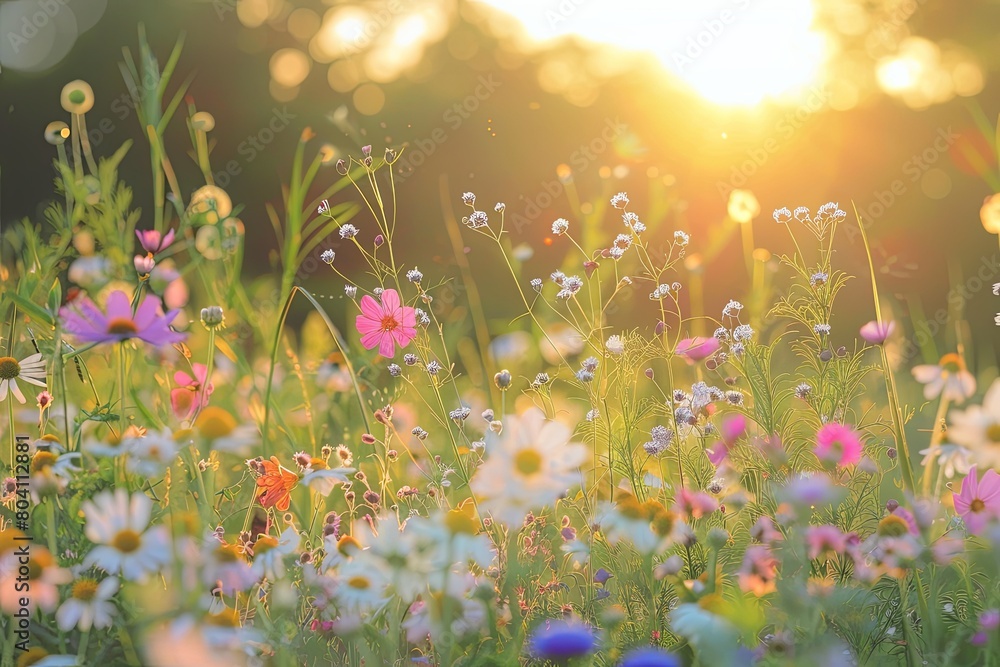 Wildflowers in Full Bloom: Sun-Kissed Horizon - Nature's Meandering Meadow Wildflowers in Full Bloom: Sun-Kissed Horizon - Nature's Meandering Meadow