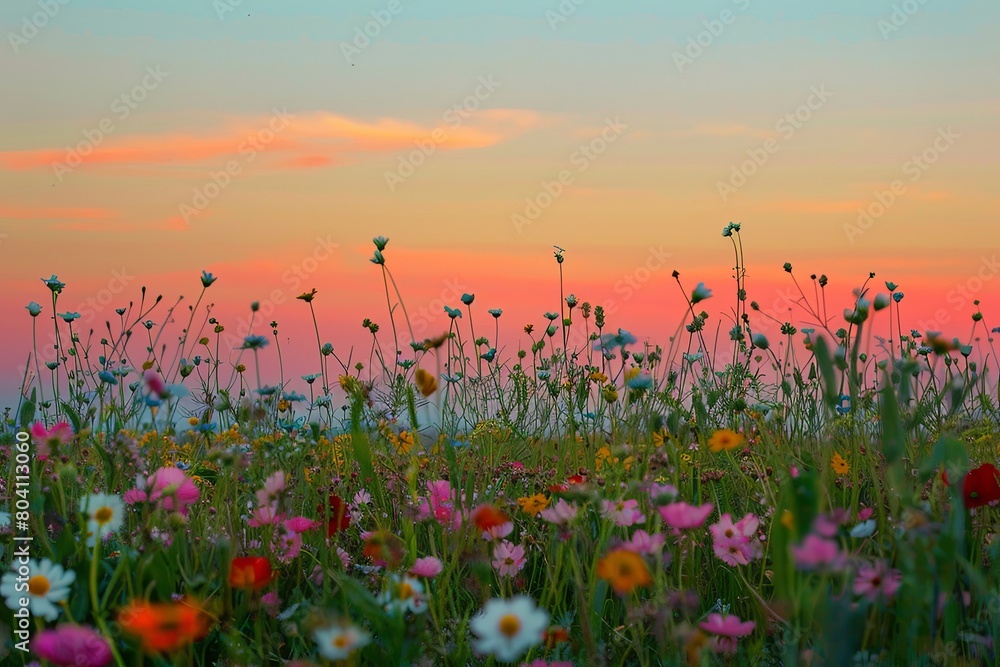 Wildflower Symphony: Sunset Hues in a Serene Field of Blossoms