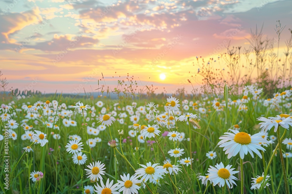 Daisy and Chamomile Summer Sunset: Wildflower Field Beauty