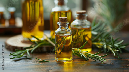 Bottles of rosemary essential oil on table
