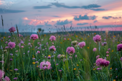 Wildflowers Harmony: Pink Twilight Blossoms in Serene Springtime Field