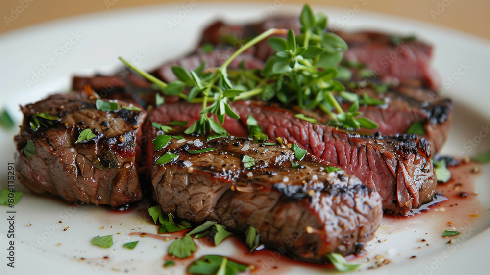A succulent beef grill steak seared to perfection, adorned with fresh herbs and spices, presented on a minimalist white platter, food photograph. Ai generated