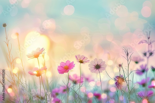 Wildflower Sunset: Pastel Sky Above a Meadow of Pink Blossoms with Soft Bokeh