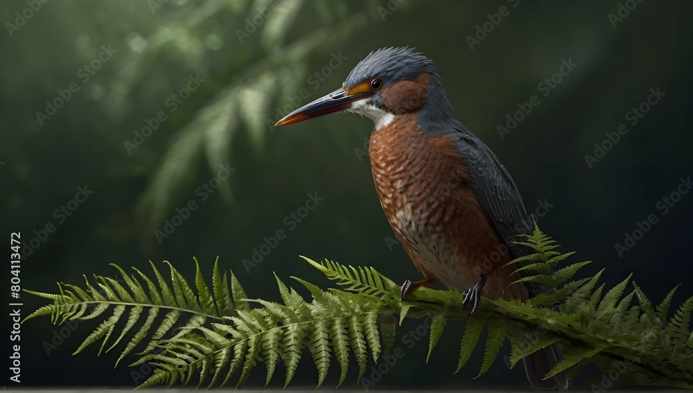 Fototapeta premium Belted fingfisher holding fern, elegant, luxury, clean, smooth, elegant, beautiful, highly detailed, sharp focus, studio photography, xf iq 4, 1 5 0 mp, 5 0 mm, iso 2 0 0, 1 / 1 6 0 s, realistic, natu
