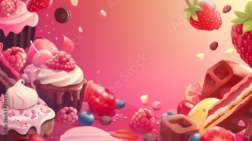 Template of colorful desserts, cakes, cookies, candy, fruits on appetizing chocolate background. Sweet food production banner, modern illustration. photo