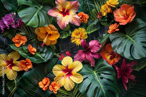 Vivid display of tropical flowers and lush foliage  featuring a rich palette of red  yellow  and pink
