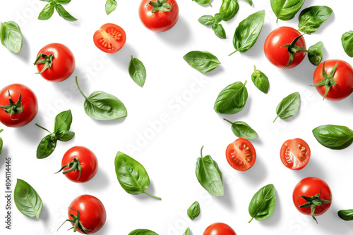 Top view of fresh tomatoes and basil leaves isolated on white or transparent background