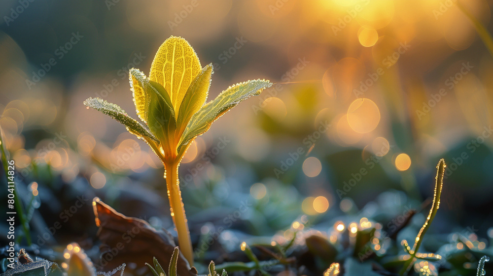 Close-up shot of a vibrant green sprout illuminated by the soft morning sunlight, macro photography. Ai generated Close-up shot of a vibrant green sprout illuminated by the soft morning sunlight, macro photography. Ai generated