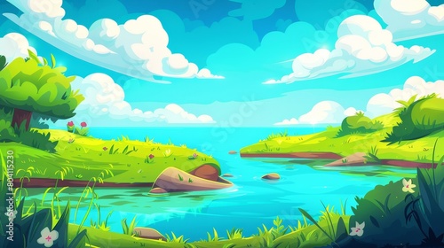 River flowing into sea in summer. Nature panorama with water stream  ocean coast  green grass  bushes with flowers  clouds in sky  modern cartoon illustration.