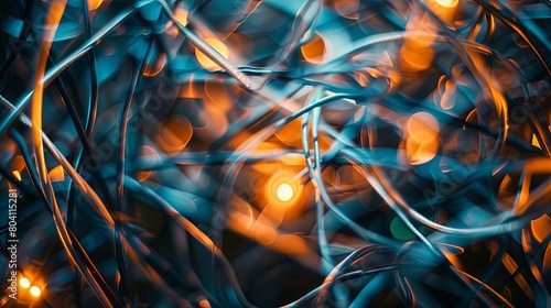 abstract composition of tangled wires with selective focus, featuring a red wire, a green wire, a blue wire, and a white wire arranged in a circular pattern