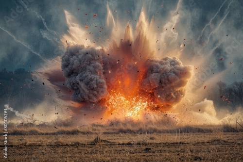 An intense explosion captures a moment of dynamic action in a desolate field, featuring vivid flames and billowing smoke against a clear sky. photo